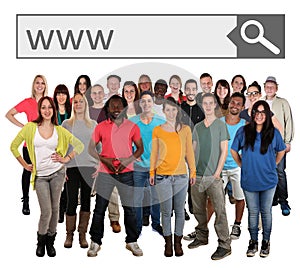 Group of young smiling people searching website online on intern
