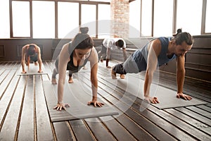 Group of young sporty people standing in Plank pose