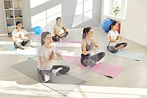 Group of young sporty women carelessly practice yoga sitting in lotus position in sunny studio.