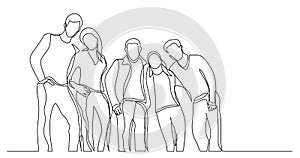 Group of young student friends standing together posing smiling - one line drawing