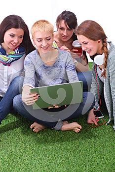 Group of young student using laptop together