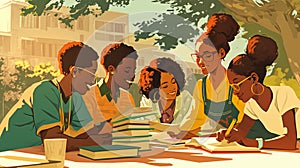 Group of young students collaborating at an outdoor study session