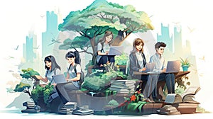 Group of young students with laptop and books working in the park. Cartoon vector illustration. Generative AI