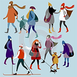 Group of young urban girls in winter clothing