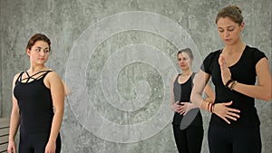 Group of young woman doing exercise for breathing in yoga class