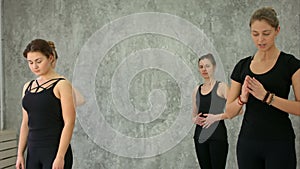 Group of young woman doing exercise for breathing in yoga class