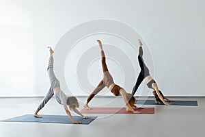 Group young woman practicing downward facing dog asana with leg raised, Ekapada