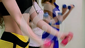 Group of young women doing exercises with dumbbells in fitness club.