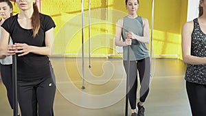 Group of young women doing pilates exercises working with trainer in fitness studio.