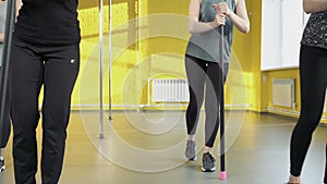 Group of young women doing pilates exercises working with trainer in fitness studio