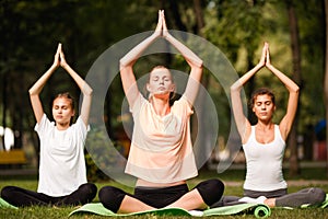 Group of young women practicing yoga, morning meditation in nature at the park