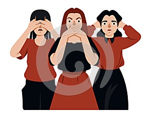 A group of young women with their mouths, eyes, ears closed. Vector illustration
