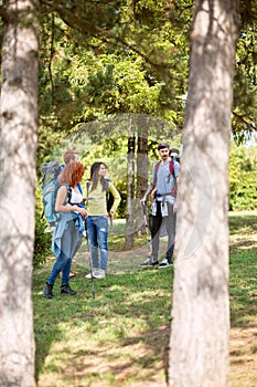 Group of youngsters in woods hiking