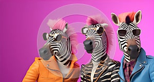 Group of zebra in funky Wacky wild mismatch colourful outfits isolated on bright background advertisement