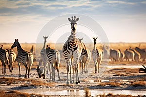 Group of zebras in Etosha National Park, Namibia, Herd of giraffes and zebras in Etosha National Park, Namibia, AI Generated