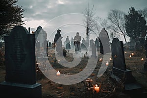 A group of zombie skeletons in a cemetery. AI generative Halloween display.