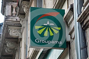 Groupama logo on the famous french insurance agency front  in the street