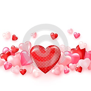 Groupe of glossy red hearts. Bright Valentine`s day background. Vector photo