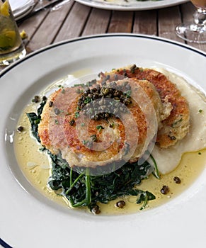 Grouper Piccata with Spinach and Mashed Potatoes.