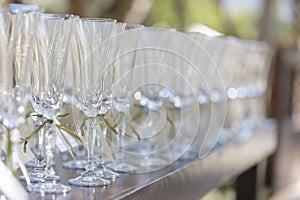 Grouping of champaigne glasses on a table for a wedding party