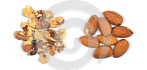 Groups of Almonds and Walnuts Isolated on a White Background - Raw & Natural - Contains a Clipping Path