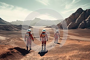 Groups of astronomy and astronauts exploring planets in outer space, made with generated ai