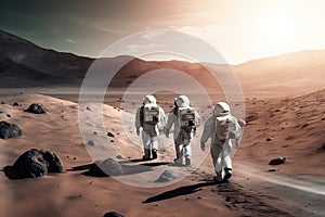 Groups of astronomy and astronauts exploring planets in outer space, made with generated ai