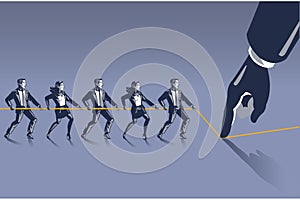 Groups of Business People Fight Against Strong Giant Hand in Tug of War Game Blue Collar Illustration