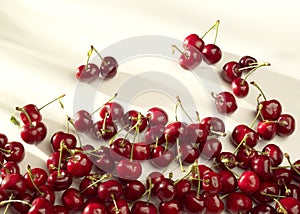 Groups of cherries on a white background in sunny light