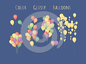 Groups of colorful balloons. Bunch of balloons in cartoon flat style isolated on blue background