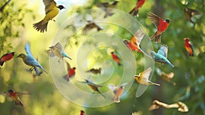 Groups of colorful birds flit through the air their melodious calls echoing throughout the sanctuary photo