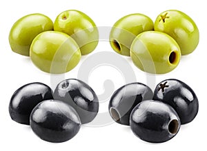 Groups of green and black pitted and whole olives isolated on white background