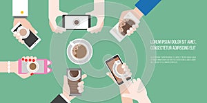 Groups of hands holding smart phone take photo of coffee cup in aerial view