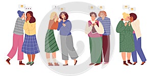 Groups of people gossip and whisper rumors, flat vector illustration isolated.
