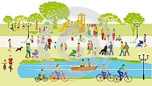 Groups of people in the park with families, parents and children, illustration