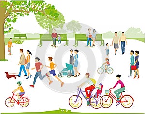 Groups of people in the park with families, parents and children, illustration