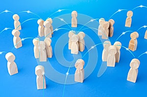 Groups of people and persons connected by lines form a social network. Communication, interaction and involvement of specialists