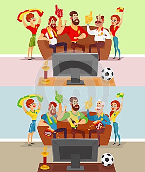 Groups of people watching a football match on TV