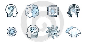 Groups of technology icon set, such as robot, digital, vr, ai, cyber Artificial Intelligence groups Related Vector Line Icons.