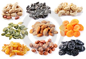 Groups of various kinds of dried fruits