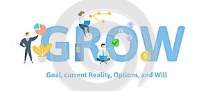 GROW, goal, reality, options, and will. Concept with people, keywords and icons. Flat vector illustration. Isolated on white photo