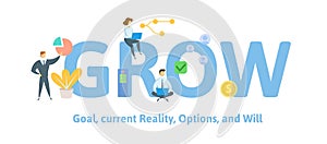 GROW, goal, reality, options, and will. Concept with people, keywords and icons. Flat vector illustration. Isolated on white