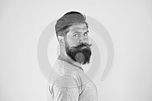 Grow mustache. Man bearded hipster with mustache. Beard and mustache grooming guide. Hipster handsome bearded attractive