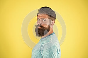 Grow mustache. Man bearded hipster with mustache. Beard and mustache grooming guide. Hipster handsome bearded attractive