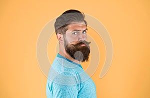 Grow mustache. Man bearded hipster with mustache. Beard and mustache grooming guide. Hipster handsome bearded attractive