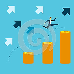 Grow up. Manager jumped onto coins with vigor. Concept business illustration.