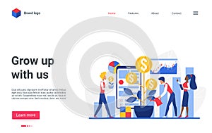 Grow up with us concept landing page, business people watering gold coin money tree