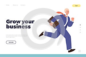 Grow your business concept for landing page template with busy business man character running fast