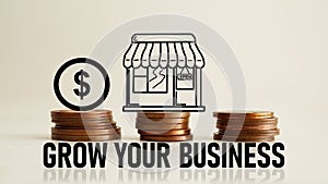 Grow your business is shown using the text and the photo of coins with the picture of shop