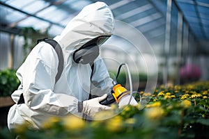 Grower applying biopesticides in a greenhouse